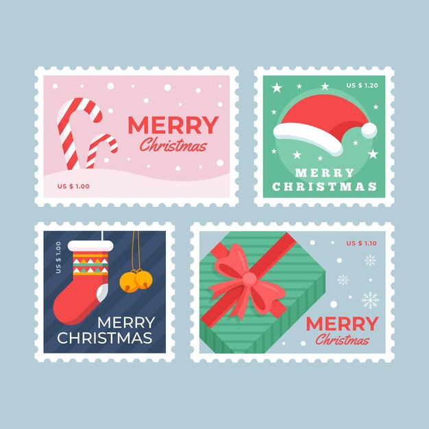 Christmas stamp collection in flat design