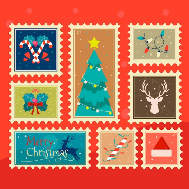 Christmas stamp collection in flat design