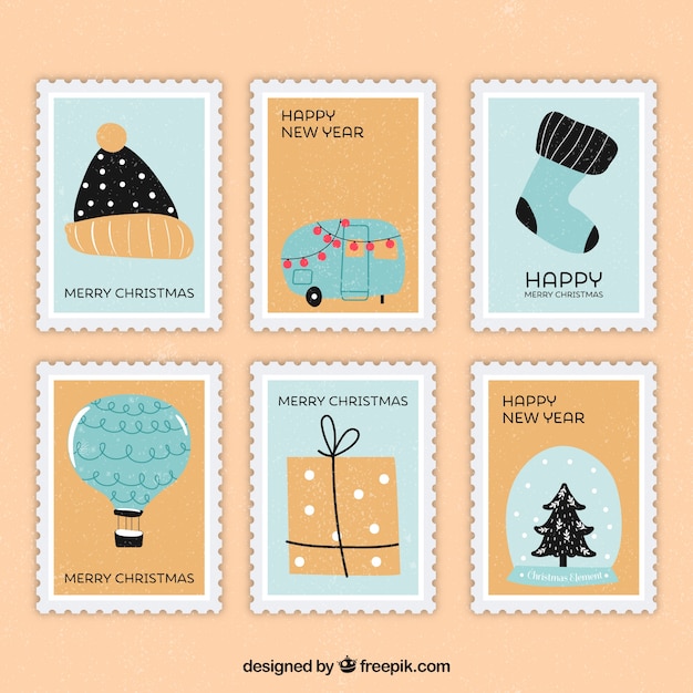 Christmas stamps in blue and beige tones