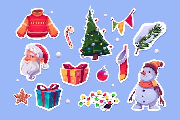 Christmas stickers with Santa Claus, sweater, pine tree and snowman. Vector cartoon icons set of New Year decoration, garlands, gift boxes, candy cane, cookie and xmas stocking