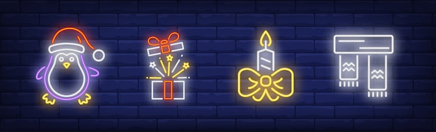 Christmas symbols in neon style collection