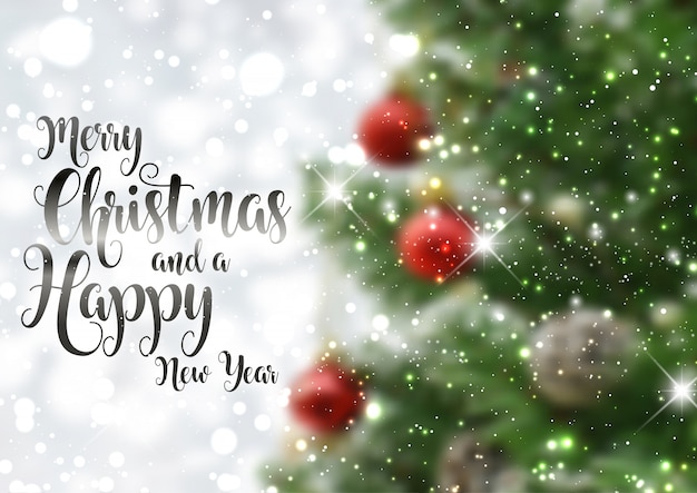 Free Vector christmas text background with defocussed tree image