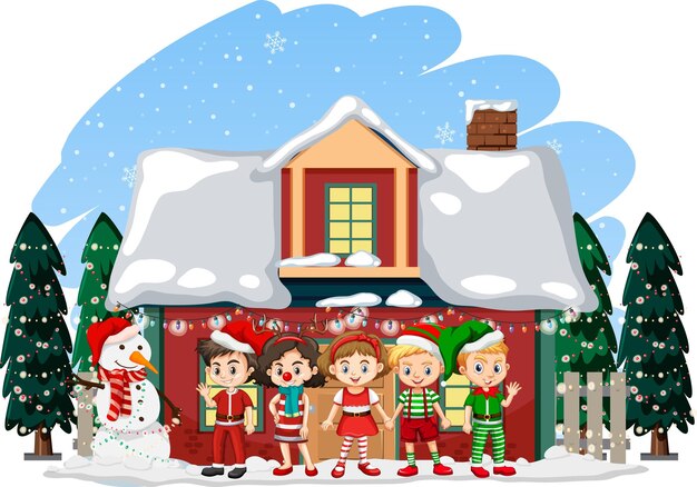 Christmas theme with children standing in front of a house