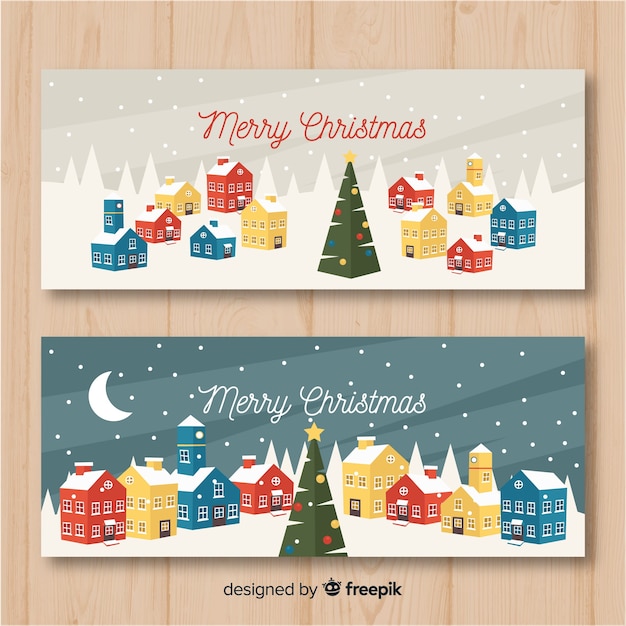 Free Vector christmas town banners in flat style