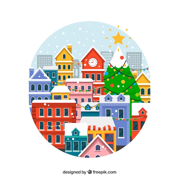 Free Vector christmas town in a round frame