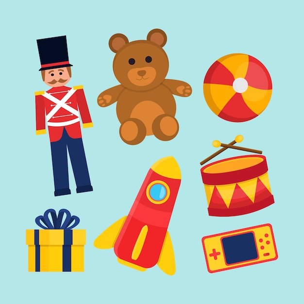 Free vector christmas toy collection with bear and soldier