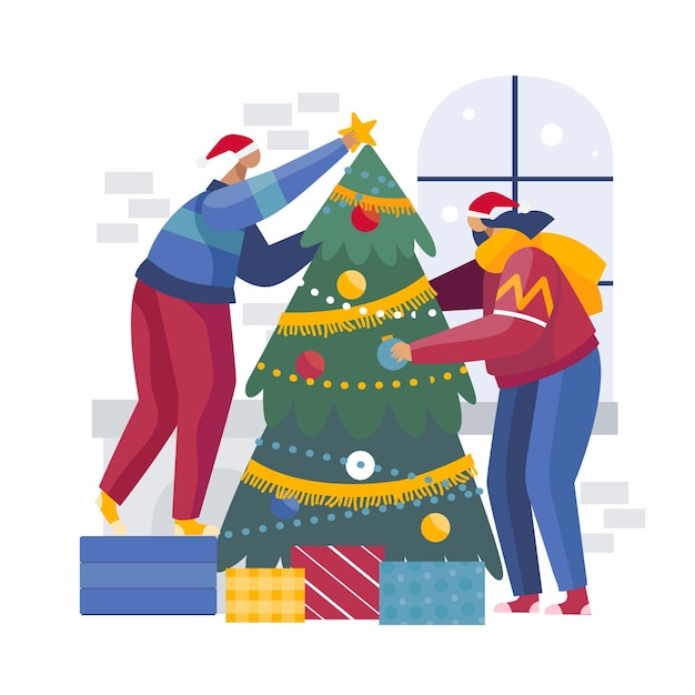 Christmas tree decoration scene illustration