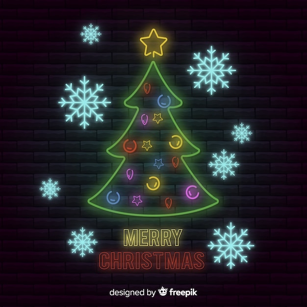 Free vector christmas tree and snowflakes neon sign