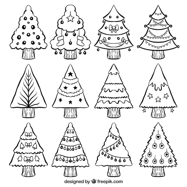 Free Vector christmas trees set with hand drawn baubles