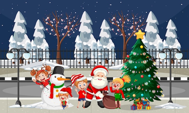 Free vector christmas winter scene with santa claus and children