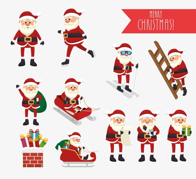 christmas with santa claus and icons set