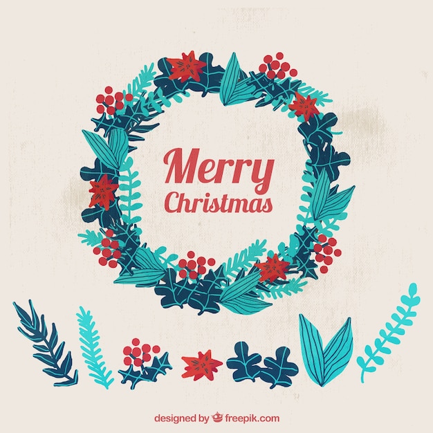 Free Vector christmas wreath made of flowers and  hand-painted leaves