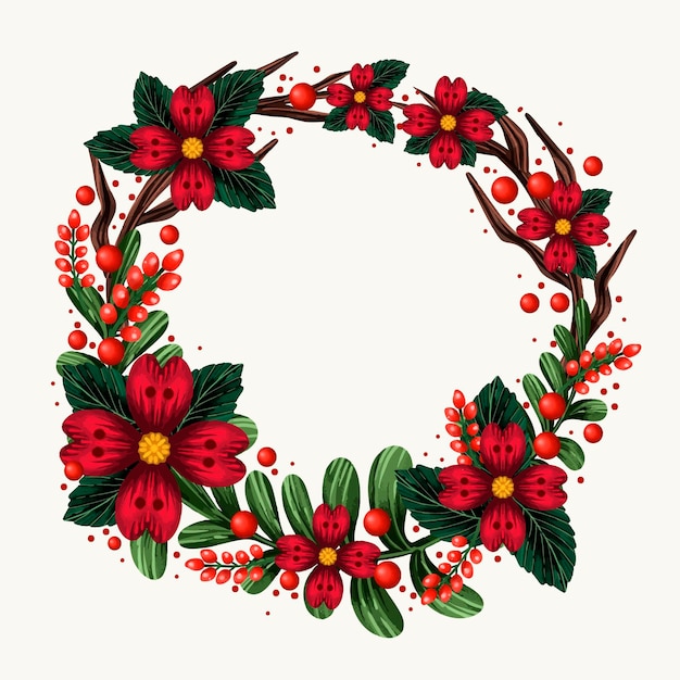 Christmas wreath watercolor illustration with flowers