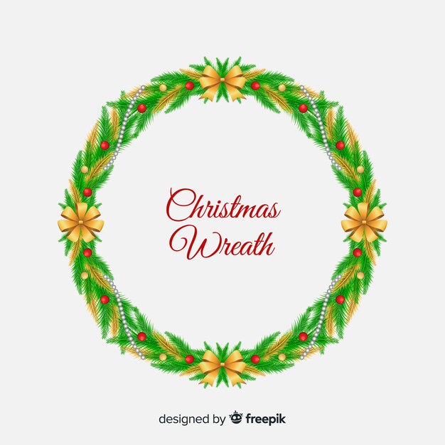 Christmas wreath with golden bows background