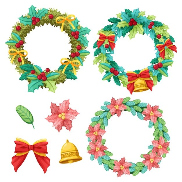 Christmas wreath with green branches, red berries, gold bell, flowers and bow