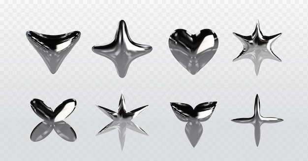 Chrome y2k abstract shapes 3d realistic vector illustration set of silver inflatable forms of heart star and liquid metal Graphic design elements made of steel or platinum with reflections