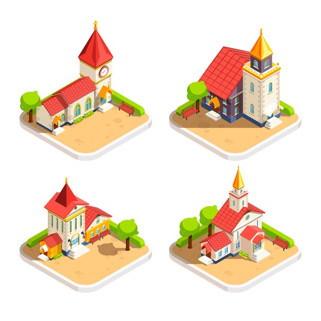 Church 4 Isometric Icons Set