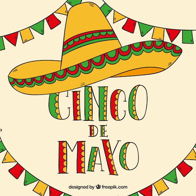 Cinco de mayo background with mexican hat and pennants