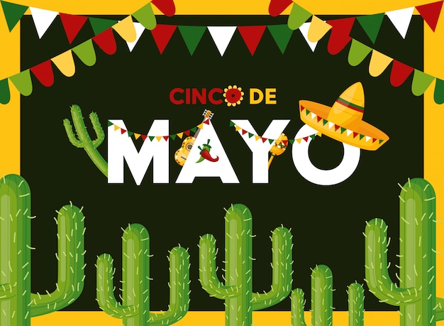 Cinco de mayo card with cactus, Mexico illustration