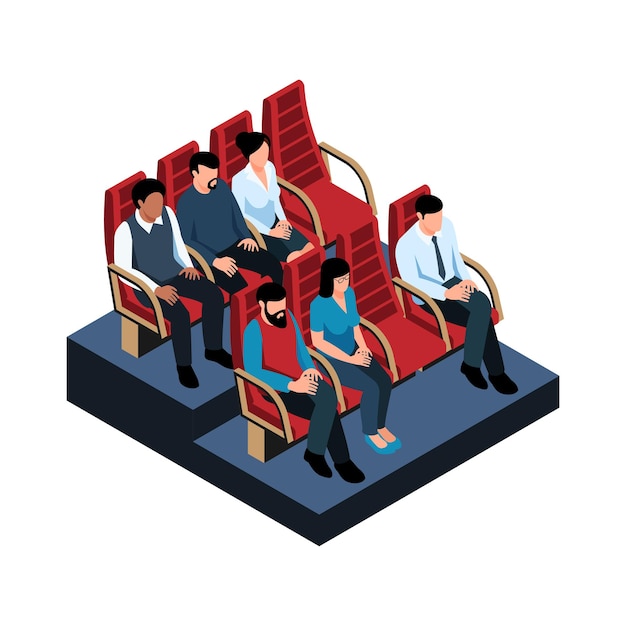 Cinema hall illustration with isometric characters on their seats