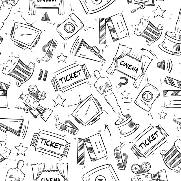 Cinema, movie doodle  seamless pattern. Clapboard and camera, video and cinematography pattern