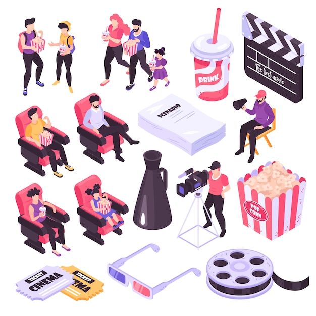 Free Vector cinema and movie shooting isometric icons set isolated on white background 3d  illustration