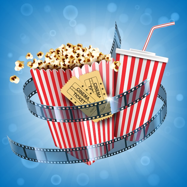 Cinema popcorn, soda drink, tickets and film strip movie poster with fast food snack and cola beverage in disposable striped package on abstract blurred background. Realistic 3d illustration