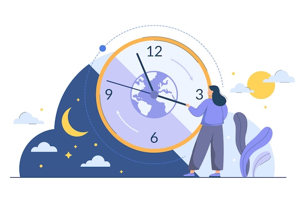 Circadian rhythm concept with tiny woman. Human biological clock to regulate sleep wake and day night cycle. Routine, morning to evening changes, planet movement around sun. Body natural daily rhythms