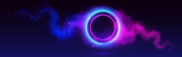 Circle neon frame with smoke clouds