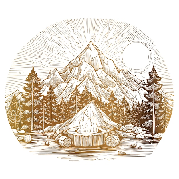 circular detailed outline sketch campfire adventure illustration