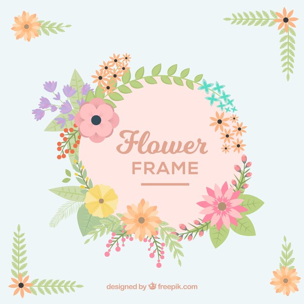 Circular floral frame with flat design