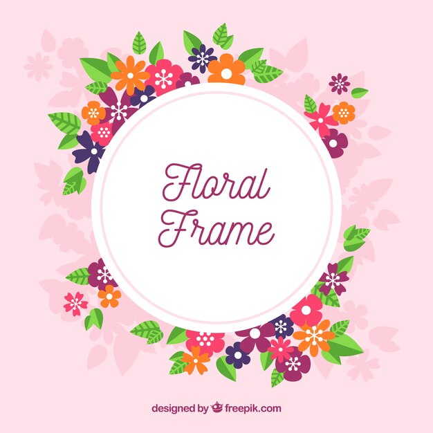 Circular floral frame with flat design