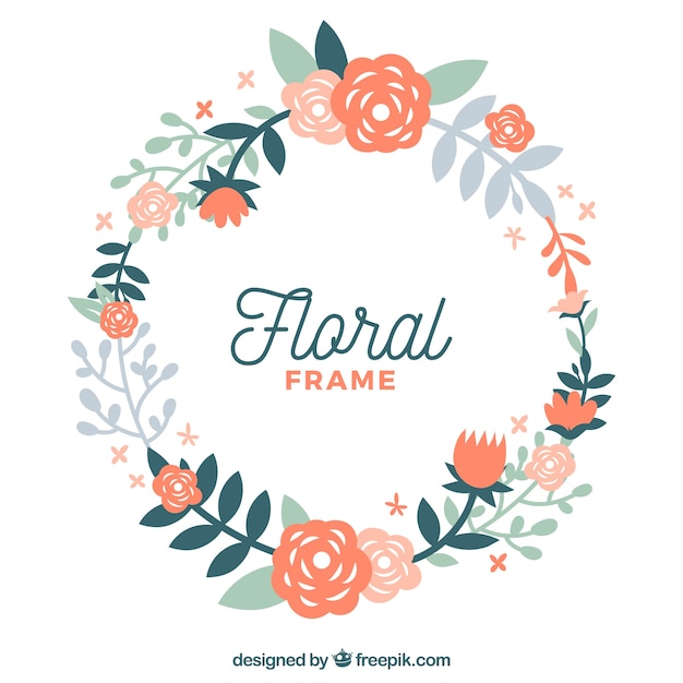 Circular floral frame with flat design