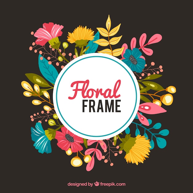 Circular floral frame with flat design