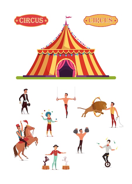 Free vector circus actors performers cartoon characters set animal handlers clowns jugglers and athletes