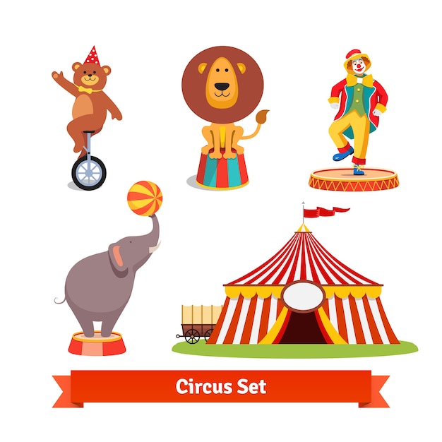 Free Vector circus animals, bear, lion, elephant, clown