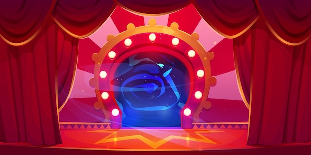 Free Vector circus arena with magic portal behind red curtains