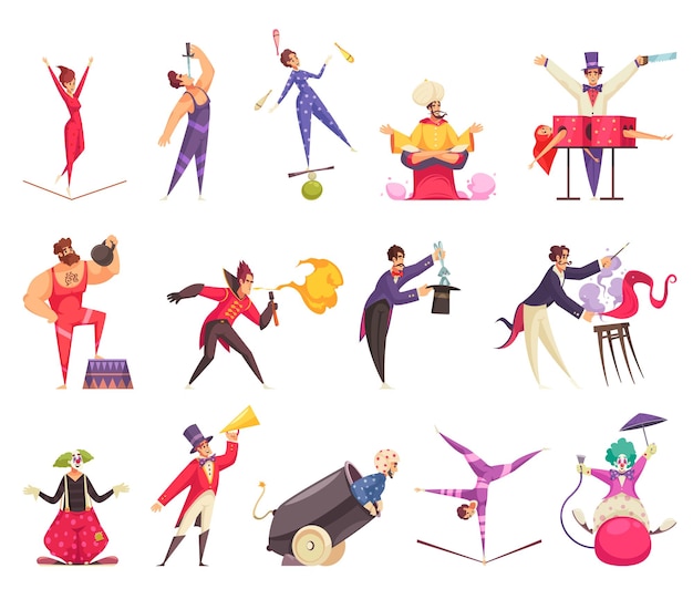 Free vector circus artists cartoon icons set with clown magician juggler strongman acrobat isolated on white background vector illustration