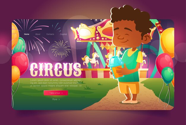 Circus cartoon landing page, kid in amusement park