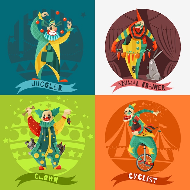 Free Vector circus clowns 4 icons square concept