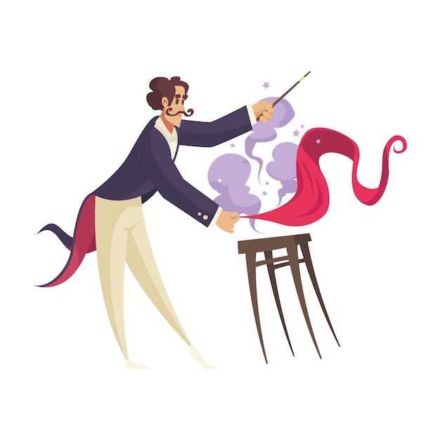 Free vector circus composition with isolated male character of magician with magic stick vector illustration