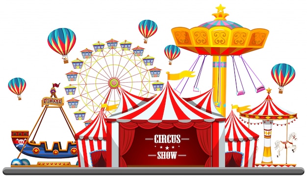 Circus event with tents, ferris wheel, rides games, ticket booth pirate ship isolated