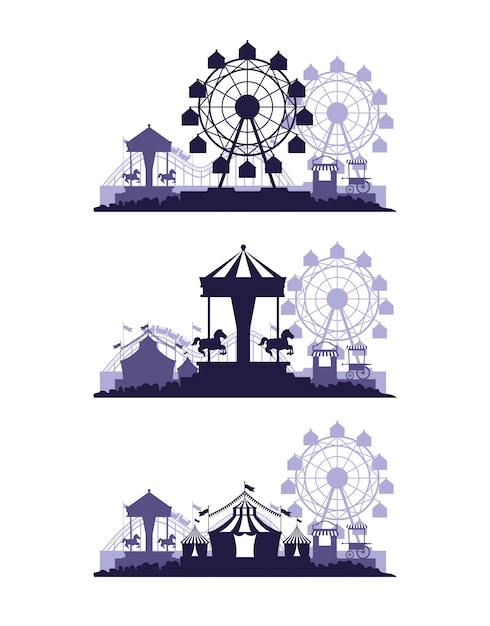 Circus festival fair set scenarios of blue and white colors