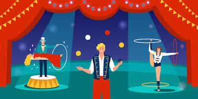 Free vector circus flat composition with magician an juggler artist vector illustration