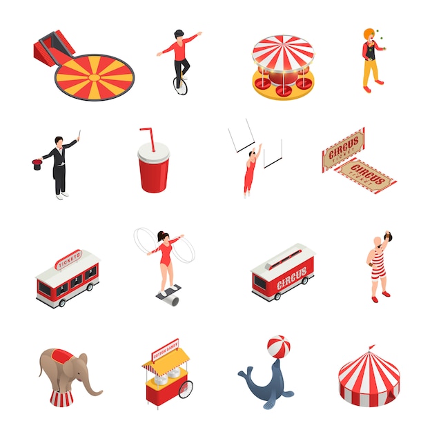 Free vector circus isometric set of manege juggler clown acrobat trained animals tickets cola carousel decorative icons