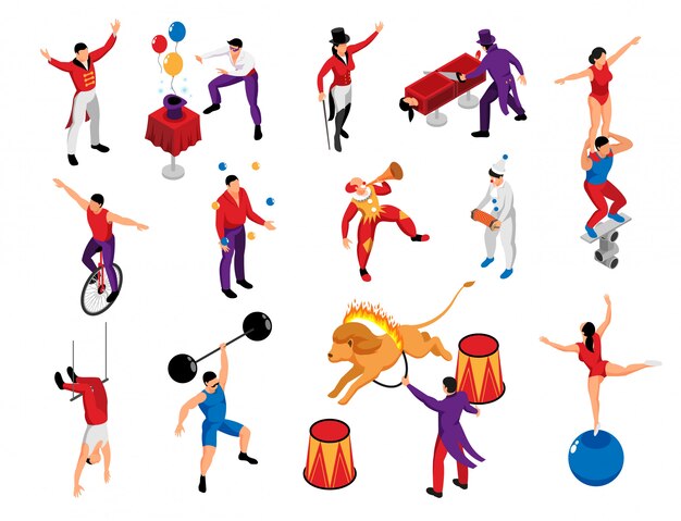 Circus performer profession isometric characters set with magician strongman clown pantomime acrobat lion tamer isolated vector illustration