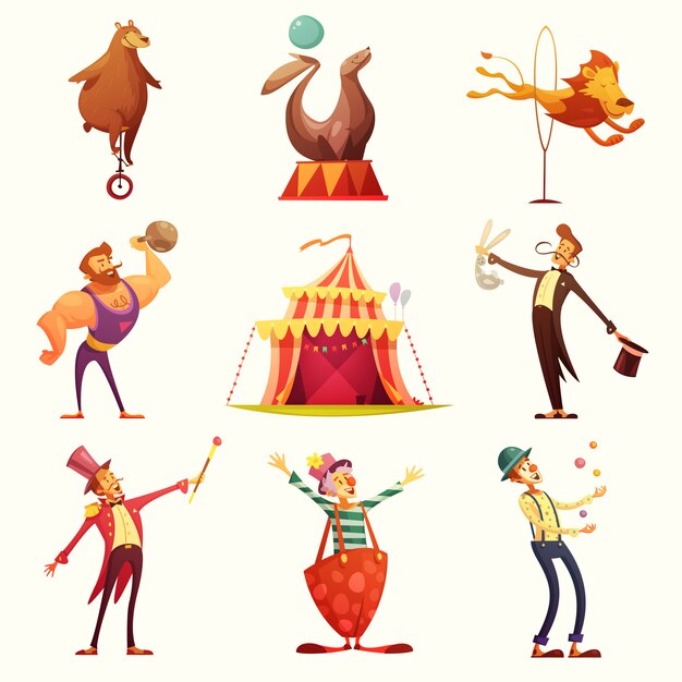 Circus Retro Icons Cartoon Set 