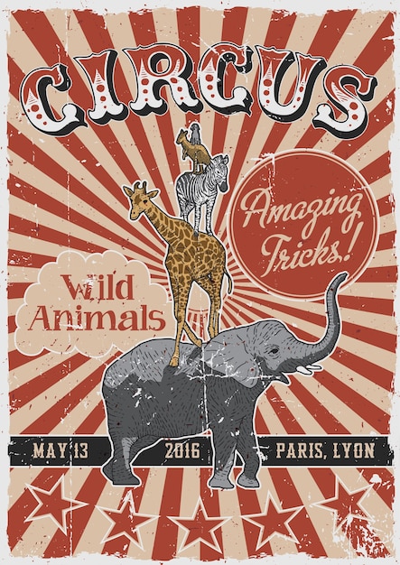 Free Vector circus vintage poster with hand drawn animals such as elephant and giraffe