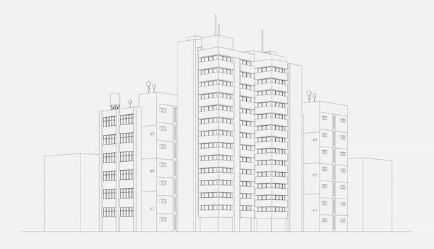 City architecture apartment building block with tower and skyscraper linear sketch vector illustration