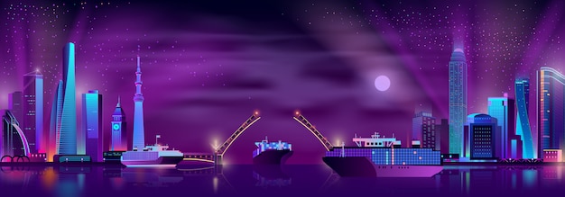 Free Vector city bay with drawbridge cartoon vector background